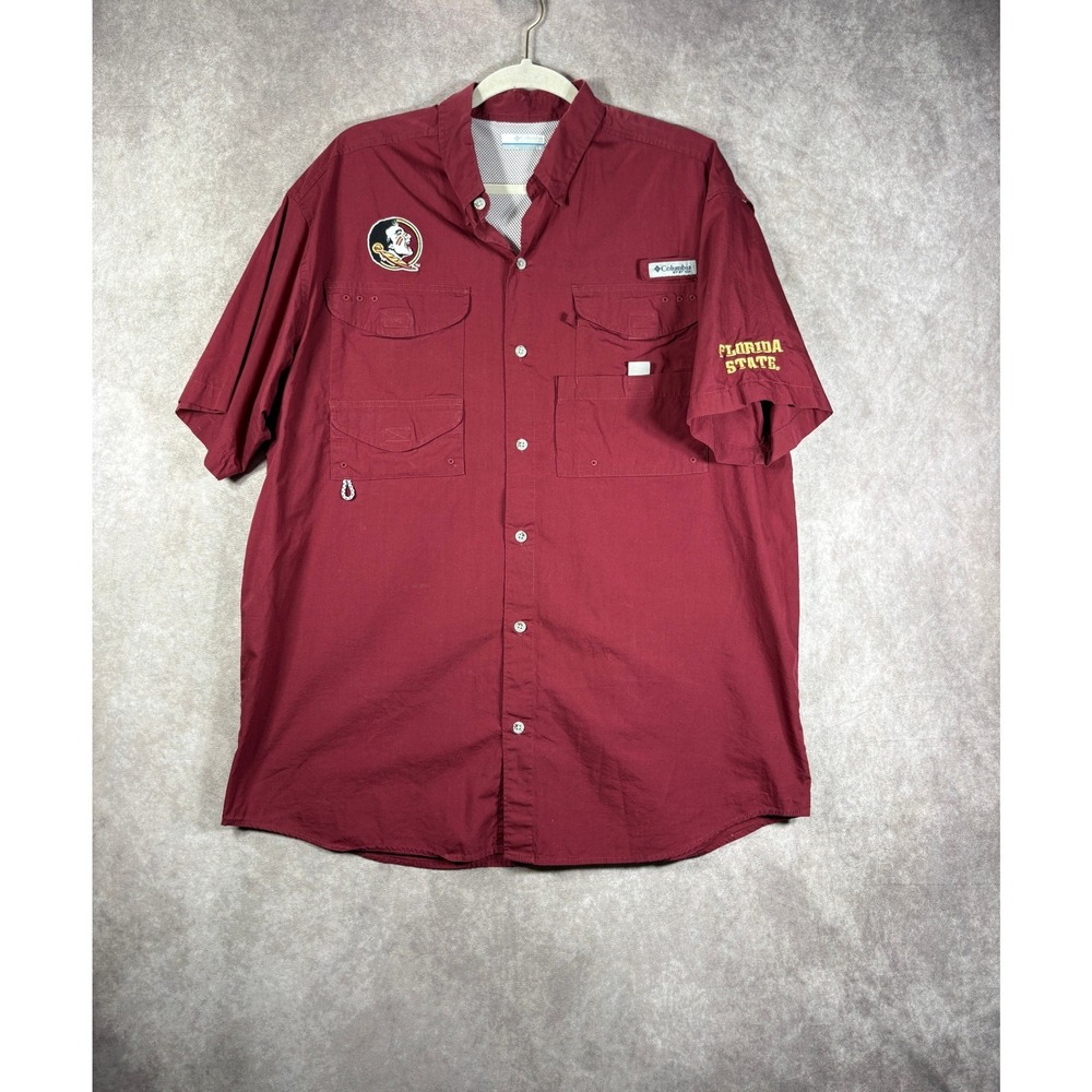 Columbia Shirt Mens Large Red Florida State PFG Bahama II Short Sleeve Fishing